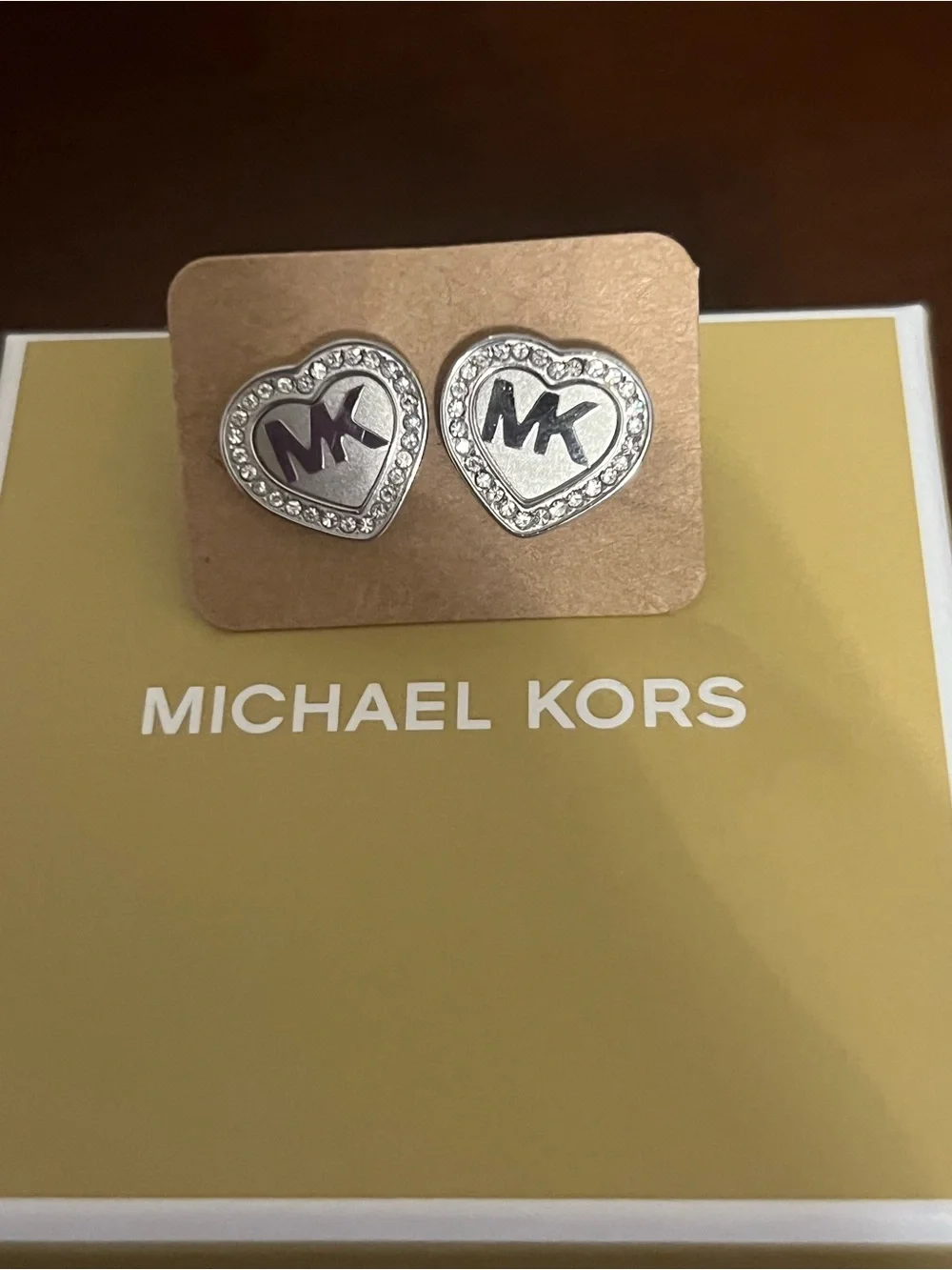 Michael Kors Silver Heart MK Crystal Stud Earrings - Rhinestone Border NWOT